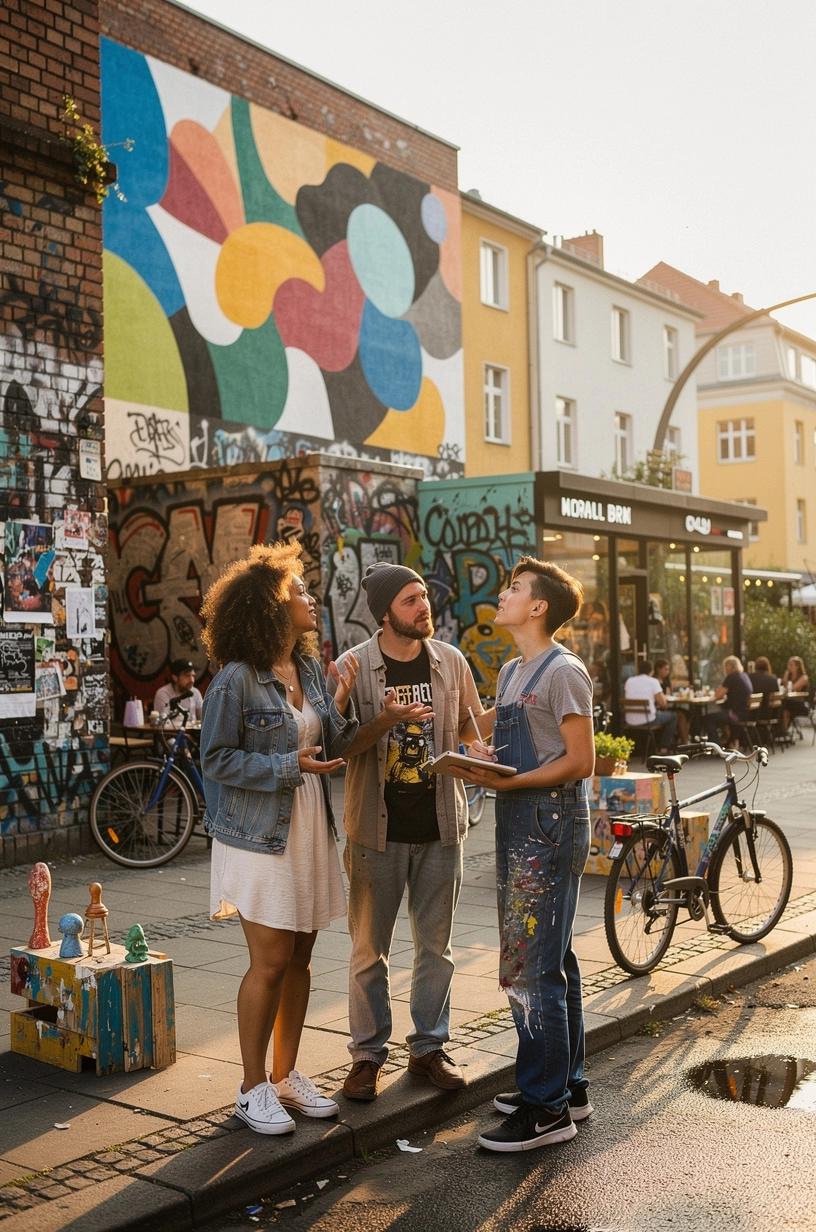 Blick auf eine lebendige urbane Straße mit modernen Kunstgalerien, bunten Wandgemälden und kreativen Designläden in einem zeitgenössischen Kunstviertel Deutschlands.
